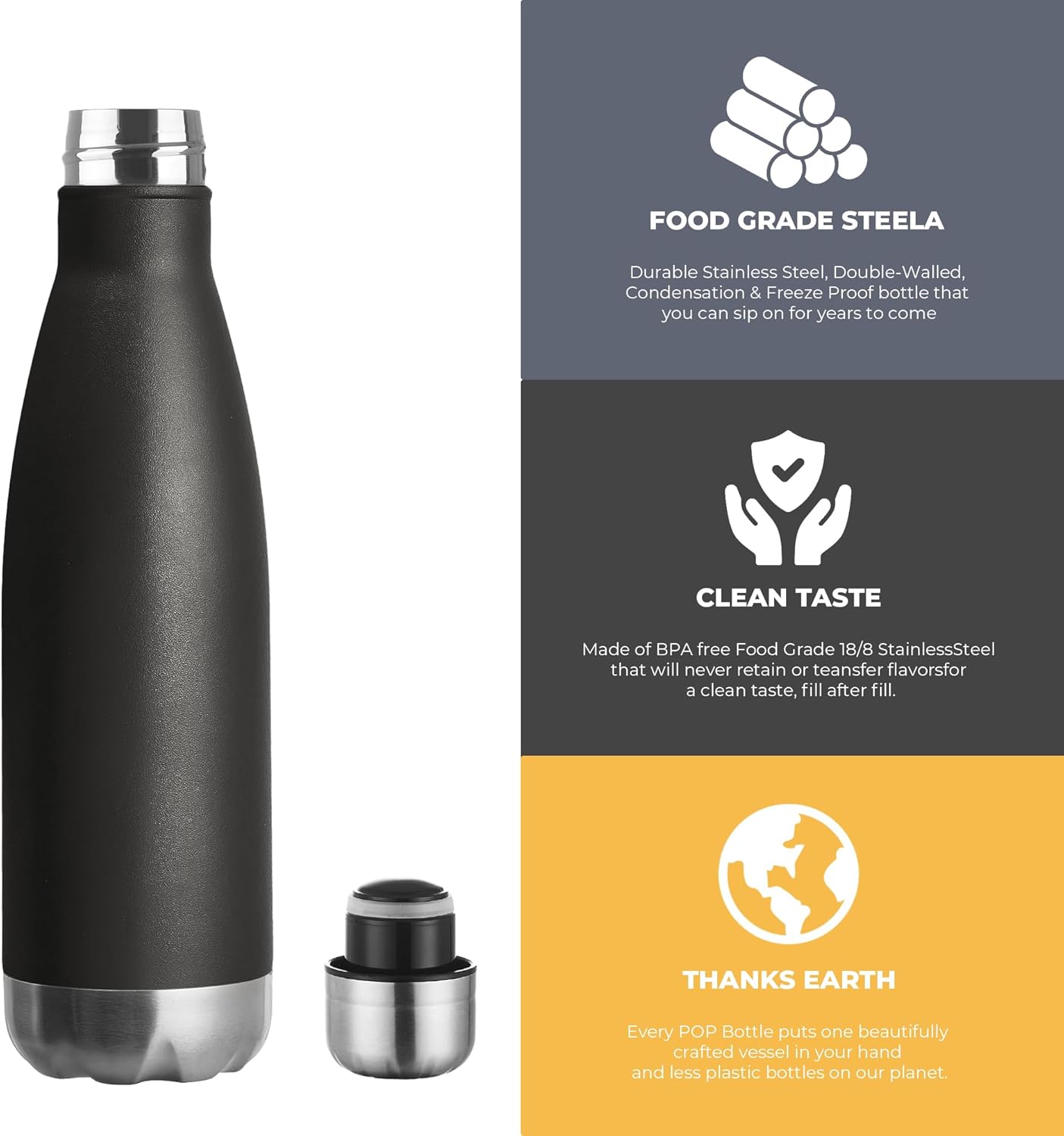 MEWAY 17oz Sport Water Bottle 8 Pack Vacuum Insulated Stainless Steel Leak-Proof Double Wall Cola Shape Water Bottle,Keep Drinks Hot & Cold (Black,8 Pack)