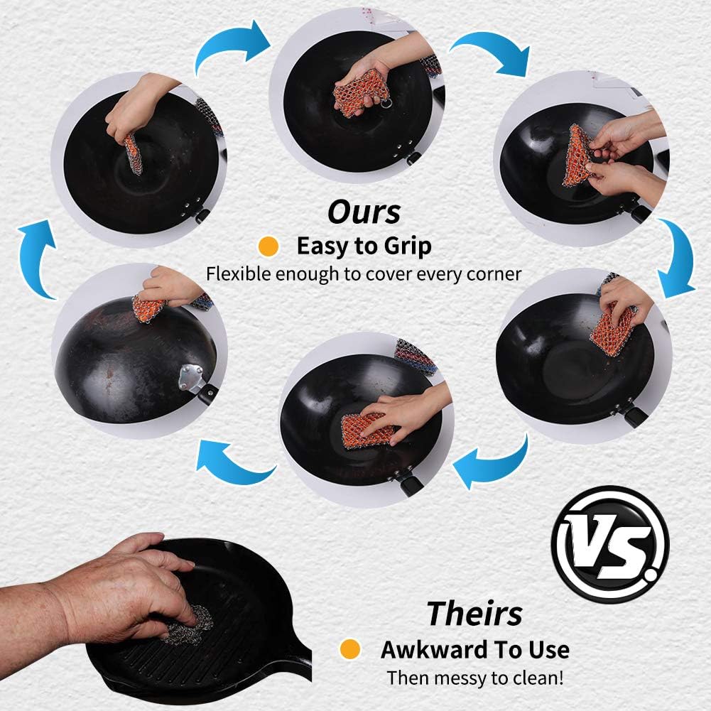 Most Flexible Cast Iron Scrubber, 316L Cast Iron Cleaner Chainmail Scrubber, Chain Scrubber for Cast Iron Pans, Pots, Skillets, Chain Mail Scrubbing Pad Scrub for Cast-Iron, Cast Iron Cleaning