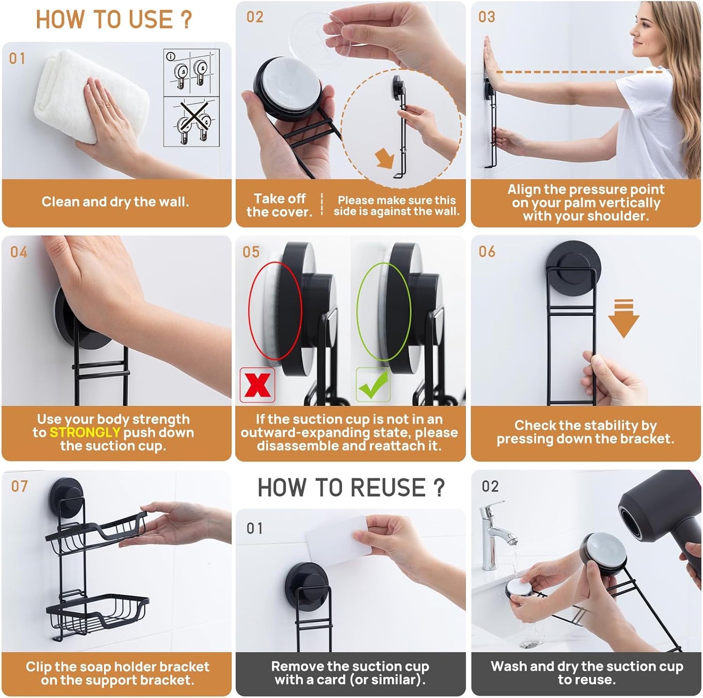 LEVERLOC 2 Tier Soap Holder, Soap Bar Dish for Shower Wall Mounted, Stainless Steel Suction Cup Sponge Holder for Bathroom Bathtub Kitchen Sink, Waterproof, Removable, Keep Dry, Black