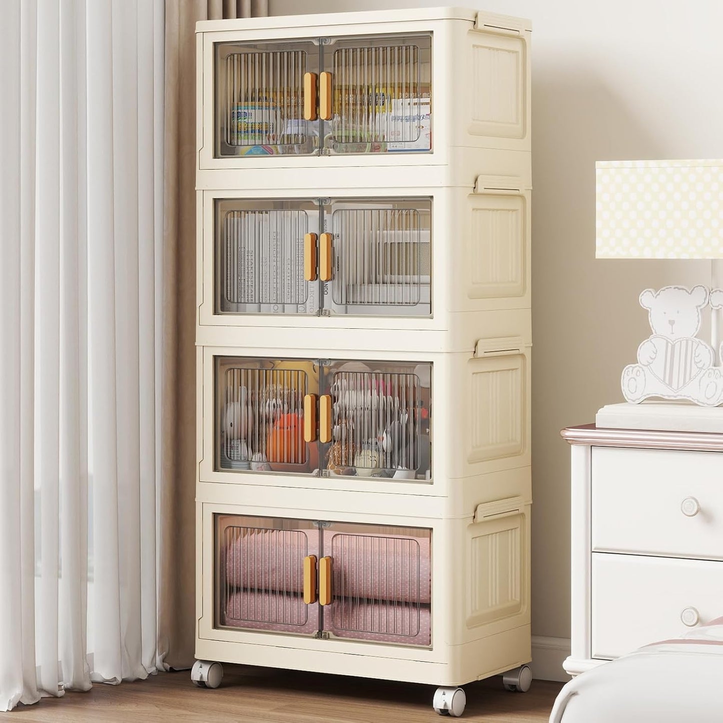 28 Qt Plastic Storage Bins with Lid, Collapsible Closet Organizer and Storage Drawers, Stackable Storage Containers with Wheels, Clothes Storage Cabinet Home Organization, 4Pack