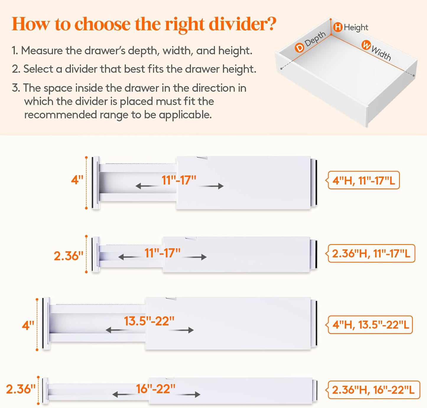 Lifewit 8 Pack Drawer Dividers 4" High,11-17" Adjustable Dresser Drawer Organizers for Clothes, Expandable Dresser Separators in Bedroom/Bathroom/Kitchen/Vanity/Office Organization and Storage, White