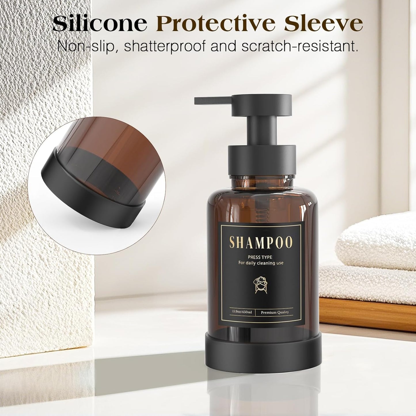 Luxspire Foaming Soap Dispenser, Glass Foam Pump Soap Dispenser, Non-Slip Silicone Sleeve & 5 Waterproof Labels, 15 Oz Refillable Liquid Bottle for Bathroom & Kitchen, Amber, 1 Pack