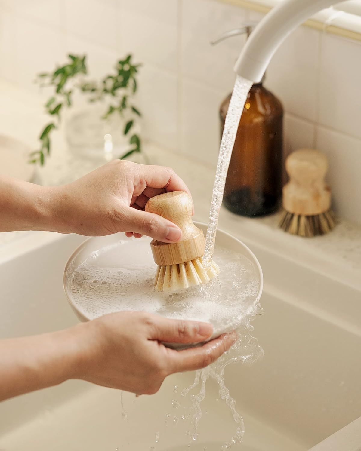 Jungle Culture Kitchen Dish Scrubber Set of 2 • Bamboo Dish Brush for Washing Pots, Pans, Dishes & Plates • Natural Bristle Wooden Brushes for Washing Up • Zero Waste Firm & Soft Eco Scrub Brush