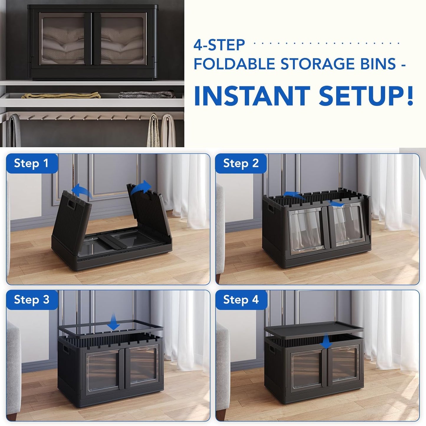 FLEXIMOUNTS 152 QT Stackable Storage Bins With Lids, Collapsible Plastic Storage Bins, Closet Organizers and Containers with Doors and Built-in Wheels For Home, 2 Pack Cubes, Milky White