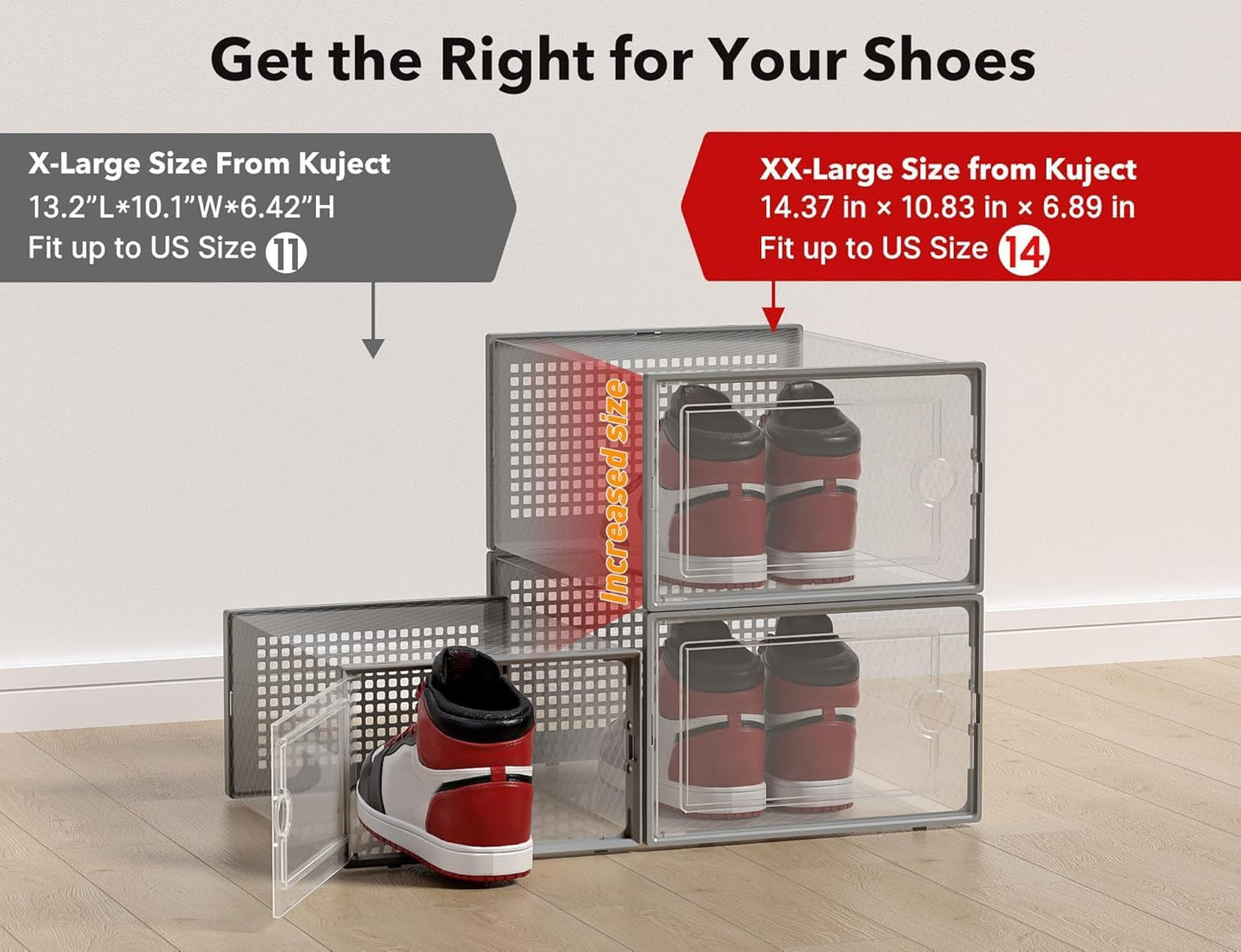 Kuject XX-Large Shoe Storage Boxes Organizers Clear Plastic Stackable 12 Pack, Shoe Rack & Holder Substitute, Sneaker Containers, Toy Storage Organizer Bins for Entryway, Closet, Under Bed, Grey