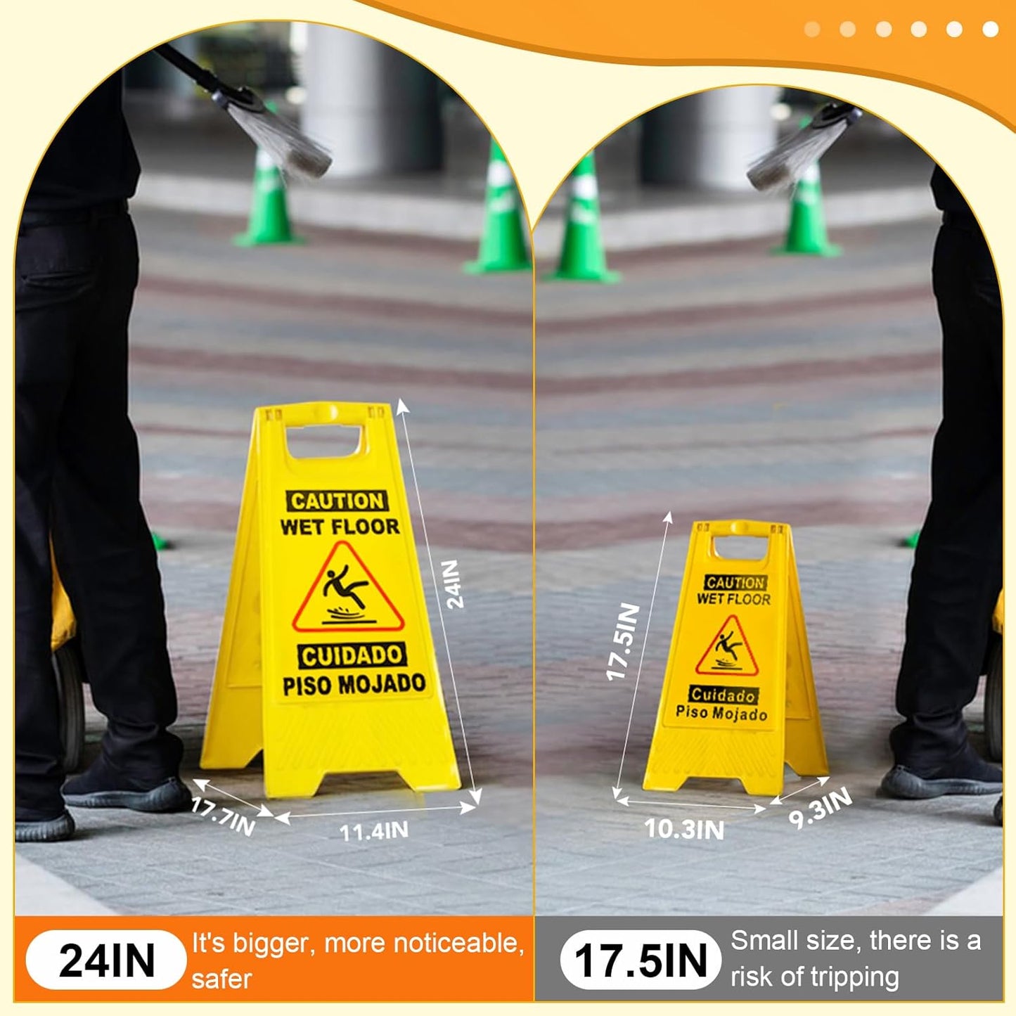 XPCARE 24 Inches Caution Wet Floor Sign, 3PCAK Yellow Bilingual Double-Sided Safety Warning Signs,A Frame Safety Wet Floor Signs Commercial