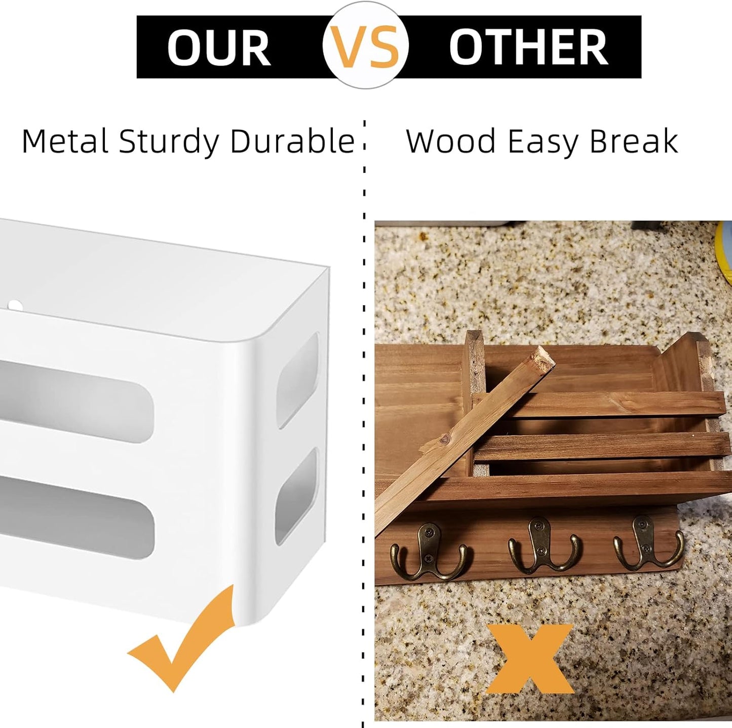 MKO Key Holder for Wall, 12.2In Mail Organizer Holder with Shelf, Metal Key Rack Adhesive Wall Mount, White