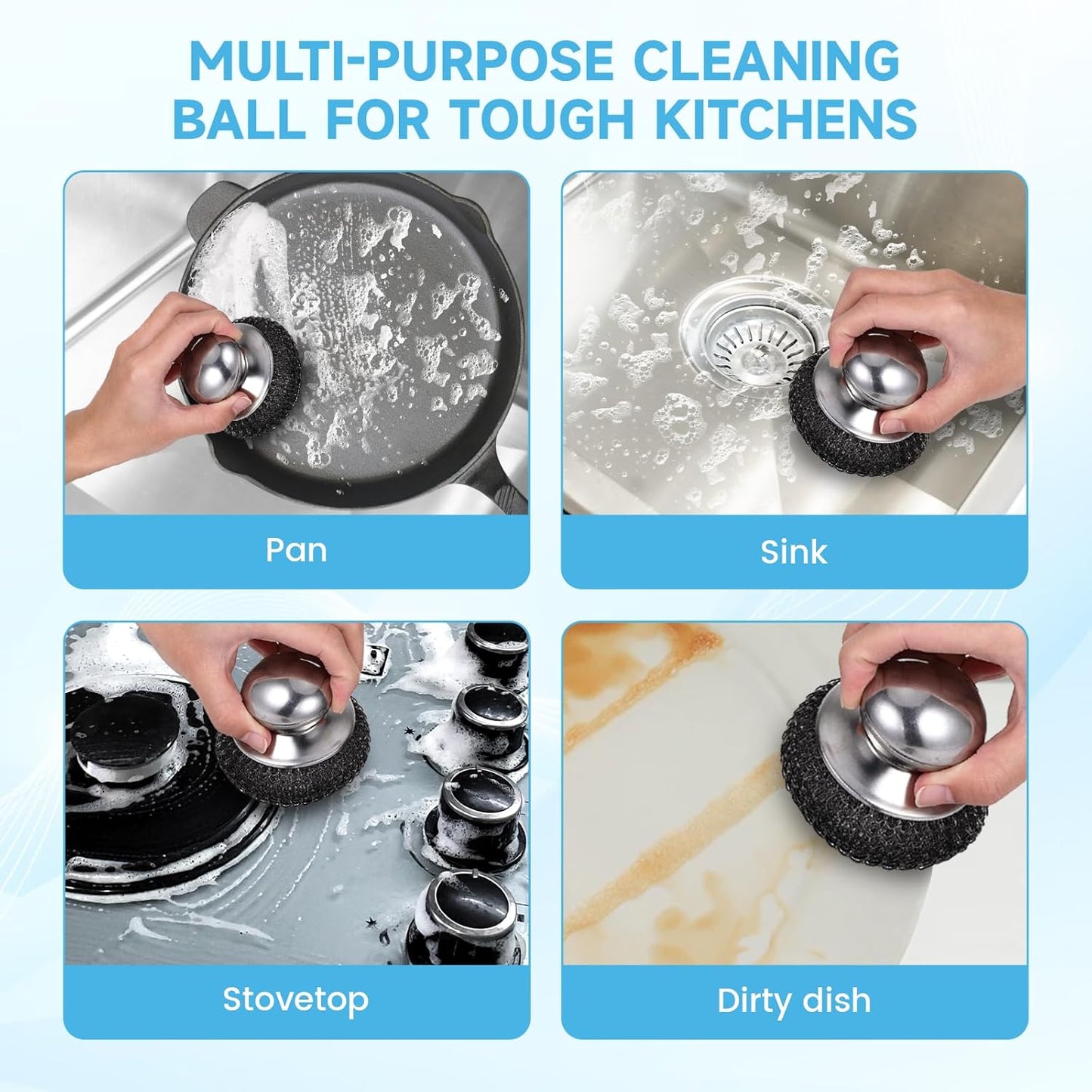 6Pcs Steel Wool Scrubber, Stainless Steel Scrubber with Handle for Cleaning Kitchen and Household Stubborn Messes from Stoves Pans Pots Grill Sink with Replacement Wire Brush Set (3 Pcs+3 Replacement)