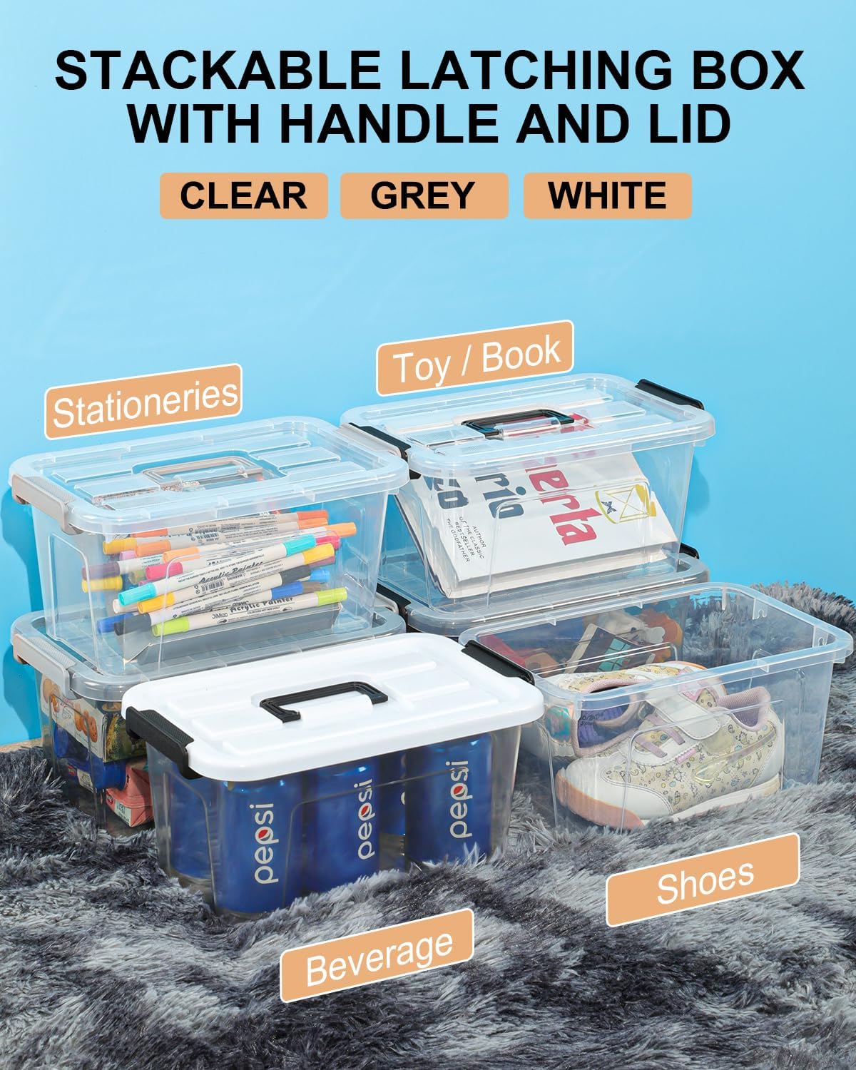 NUMIFUN Plastic Storage Bins With Lids 6 Pack Storage Organizer Bins, 7 Quart Stackable Storage Bins with Lids and Black Handle Buckle Easy for Home Office Organization, White Lids