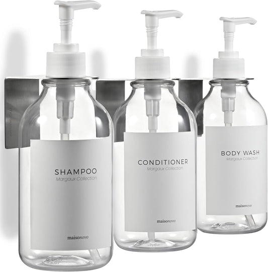 MaisoNovo Shampoo and Conditioner Dispenser - Shower Soap Dispenser Wall Mounted - 16.9 fl oz Set of 3 Clear Plastic Bottles White Pump - Shampoo Dispenser, Shower Dispenser 3 Chamber No Drill