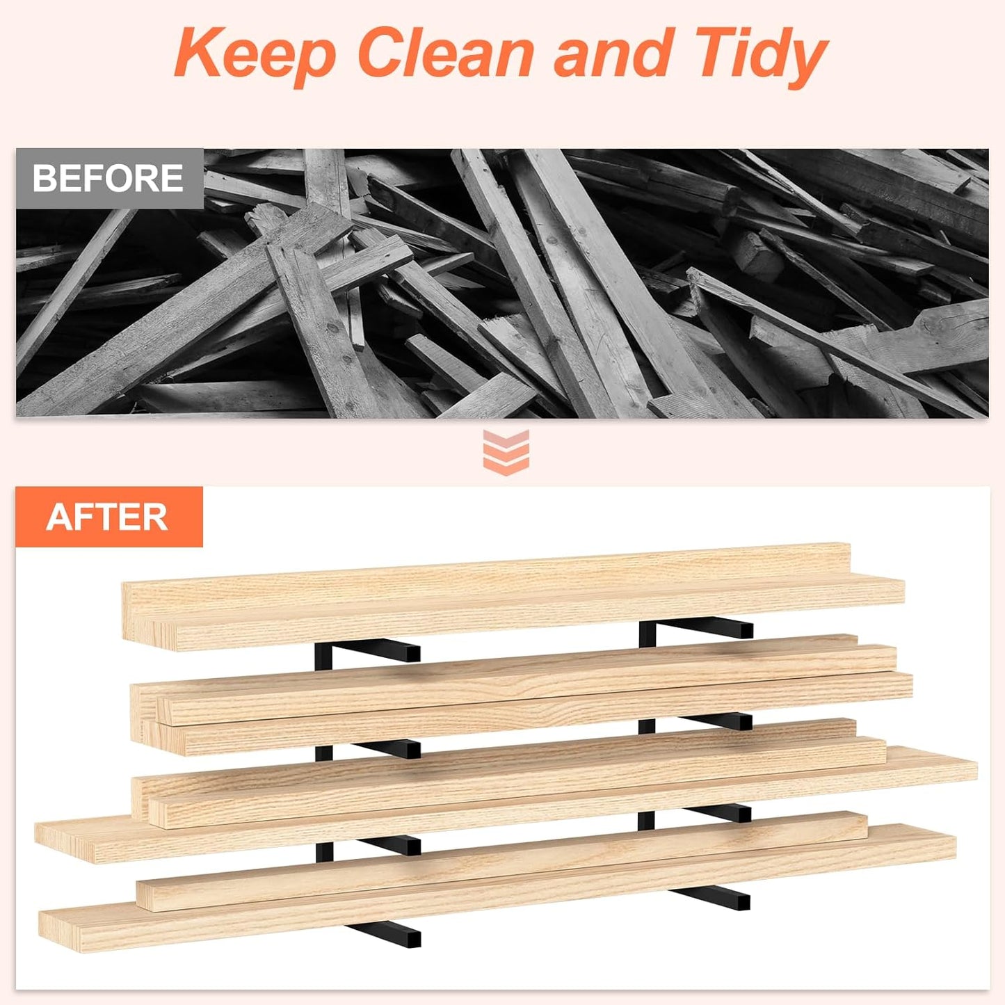 NANANARDOSO Wall Mount Wood Organizer and Lumber Storage,Heavy Duty Metal Shelf with 4-Level,Lumber Metal Racks for Indoor and Outdoor Use,4 Pack