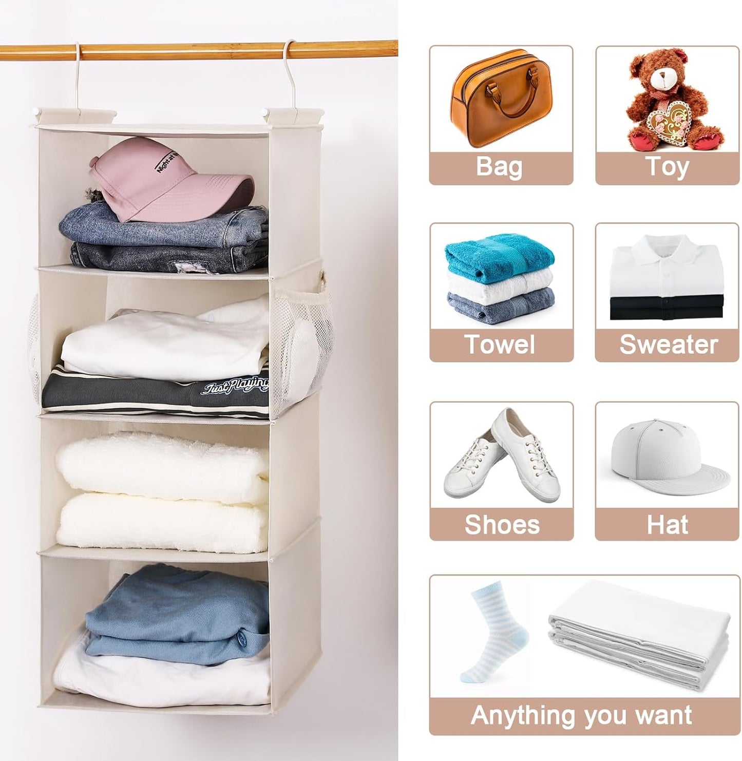 MAX Houser 4 Tier Shelf Hanging Closet Organizer, Space Saver,Closet Hanging Shelf with 2 Sturdy Hooks for Storage, Foldable (Beige)