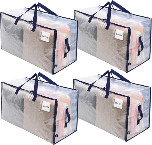 VENO 4 Pack Moving and Storage Bags, Heavy Duty, Alternative to Moving Boxes, Large Packing Totes Supplies for College Dorm Room with Zipper for Clothes, Wide Open Design (Clear, 4 Pack)