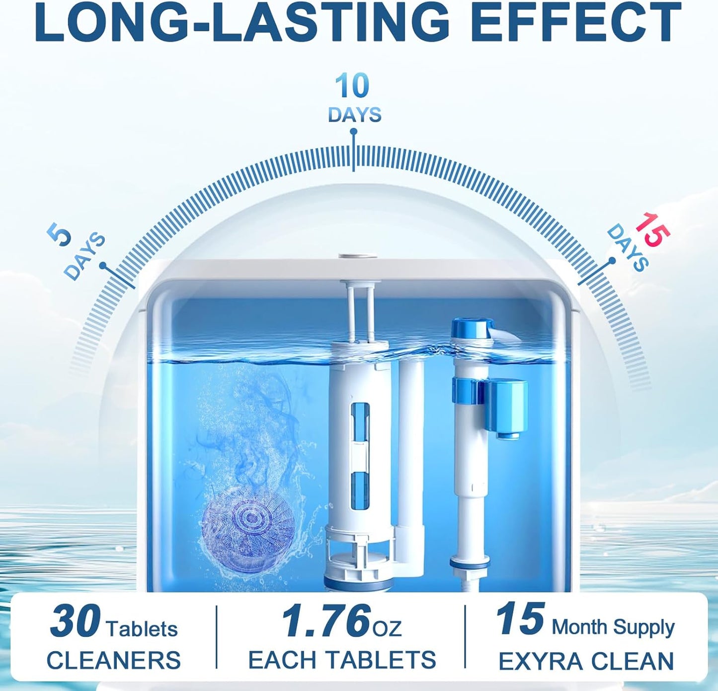 Toilet Bowl Cleaner Tablets Blue Toilet Tank Cleaners, Septic-Safe Hard Water Stain Remove, Bathroom Automatic Toilet Cleaning & Deodorizer, Fresh Scent - 30 Tabs