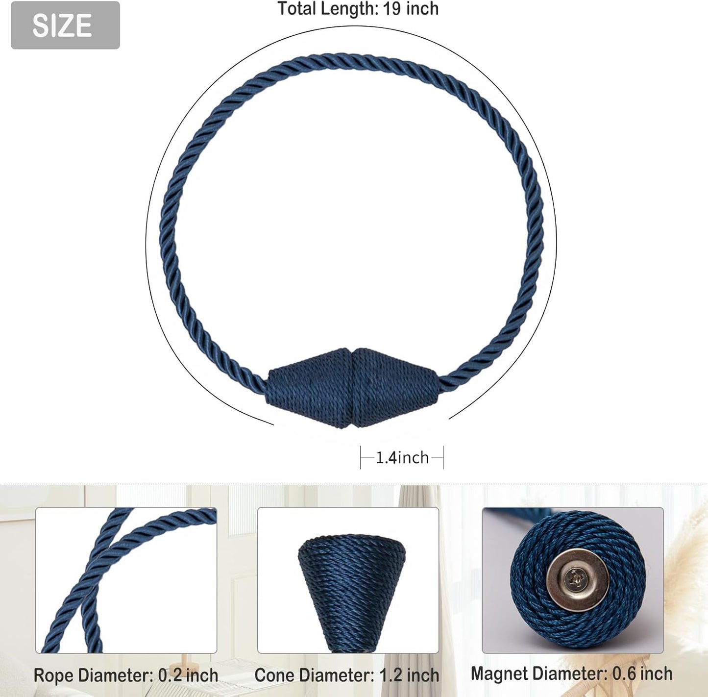 Magnetic Curtain Tiebacks 4 Pack Outdoor Rope Curtain Tie Backs Decorative Window Treatment Holdbacks for Home Decorative Curtain, Blue