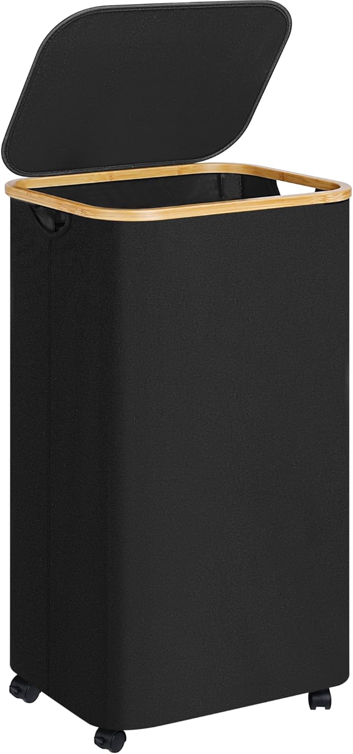 Laundry Basket with Wheels,100L Hampers for Laundry,Black Large Laundry Hamper with Lid and Bamboo Handles,Collapsible & Waterproof Tall Cloth Hamper for Dormitory Family