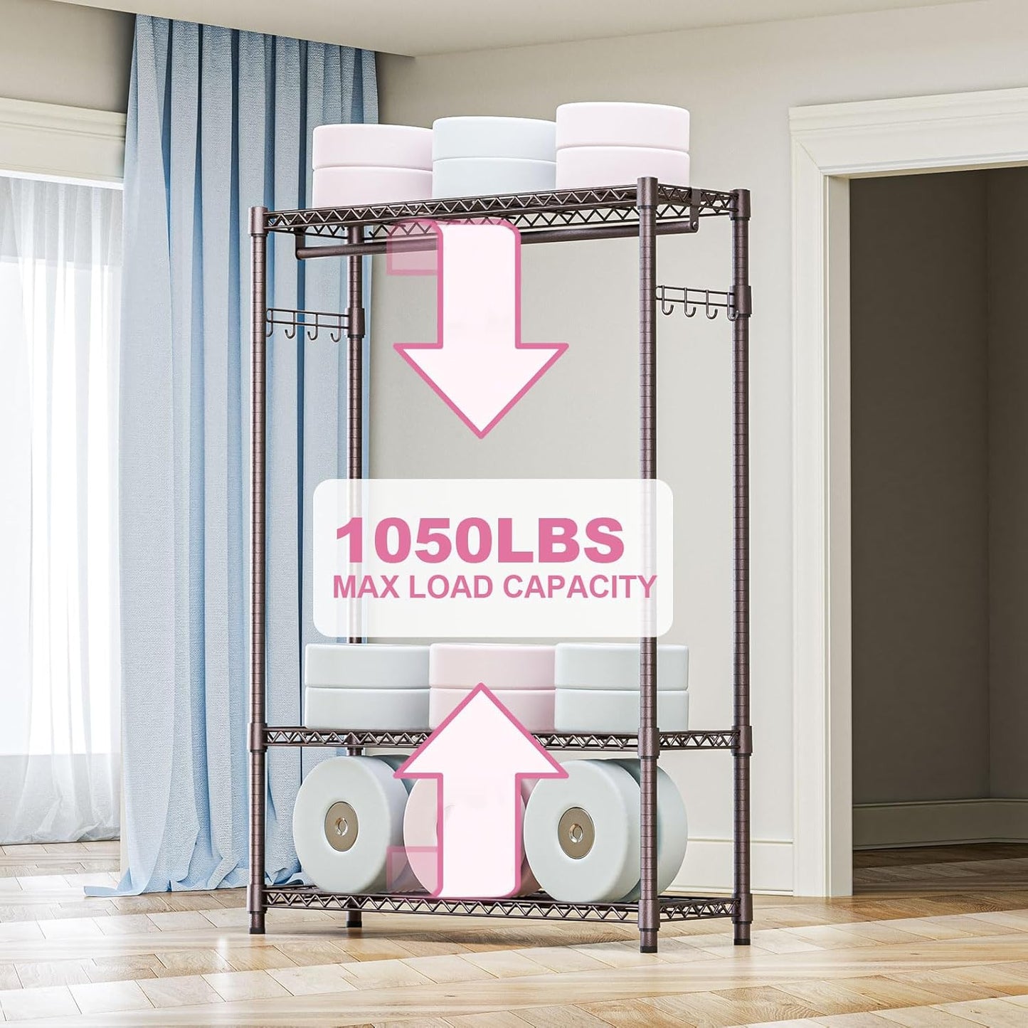 Heavy Duty Rolling Garment Rack 3 Tiers Adjustable Wire Shelving Clothes Rack with 1 Rods and Side Hooks,Storage Closet Clothing Rack Grey 15.7" D x 45.3" W x 72.4" H