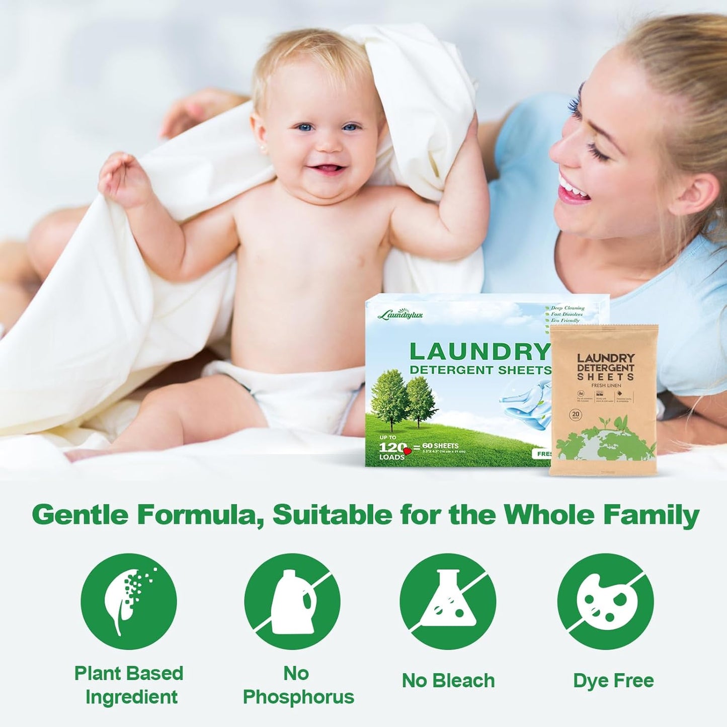 Laundry Detergent Sheet, Eco-Friendly & Hypoallergenic Wash Strips, Natural Ingredients, Ultra-Concentrated, Travel-Ready, No Plastic Jug- Fresh Scent, (120 Loads) 60 Sheets