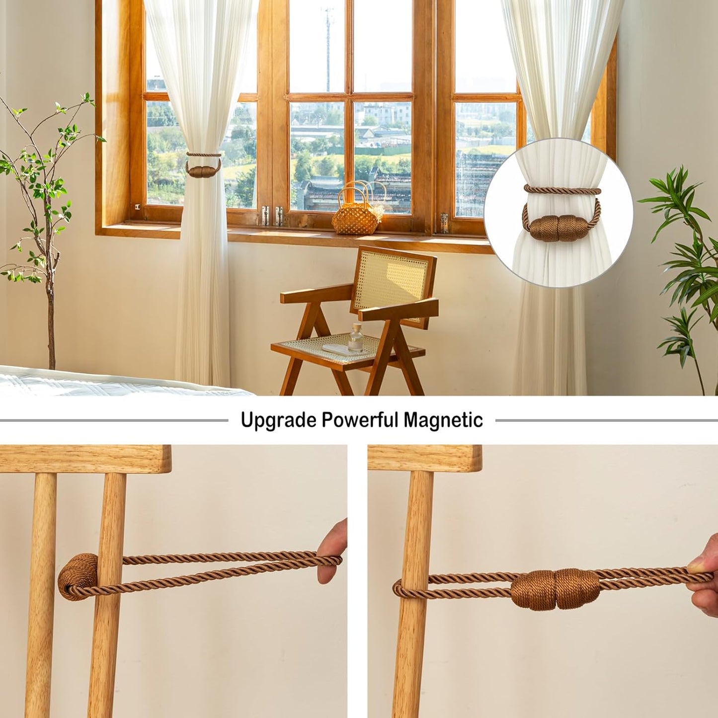 Magnetic Curtain Tiebacks Rope Curtain Tie Backs for Curtains 4 Pack Curtain Holders for Drapes Decorative Window Curtain Holdbacks, Khaki