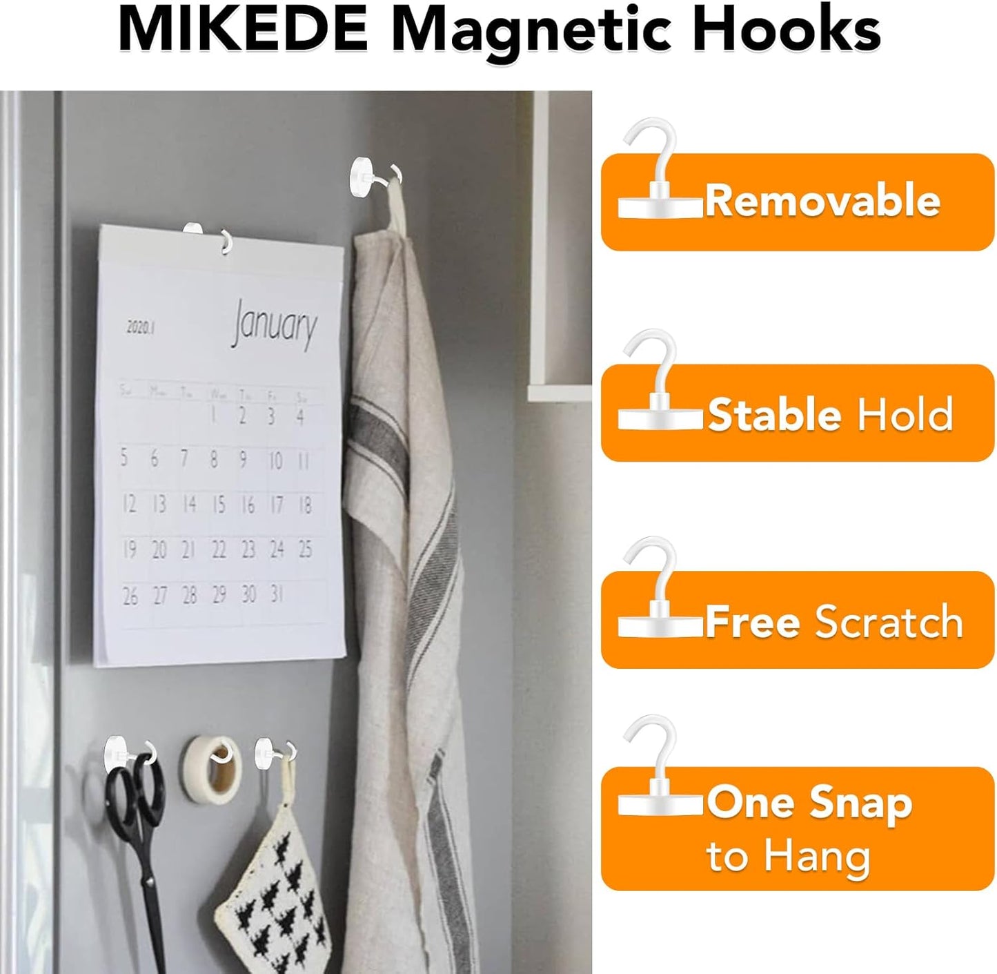 MIKEDE Magnetic Hooks Heavy Duty, 150LB Super Strong Magnetic Hooks for Cruise, Neodymium Earth Magnets with Hook for Hanging, Magnetic Metal Hanger for Fridge, Toolbox, Storage, (White, 4 Pack)