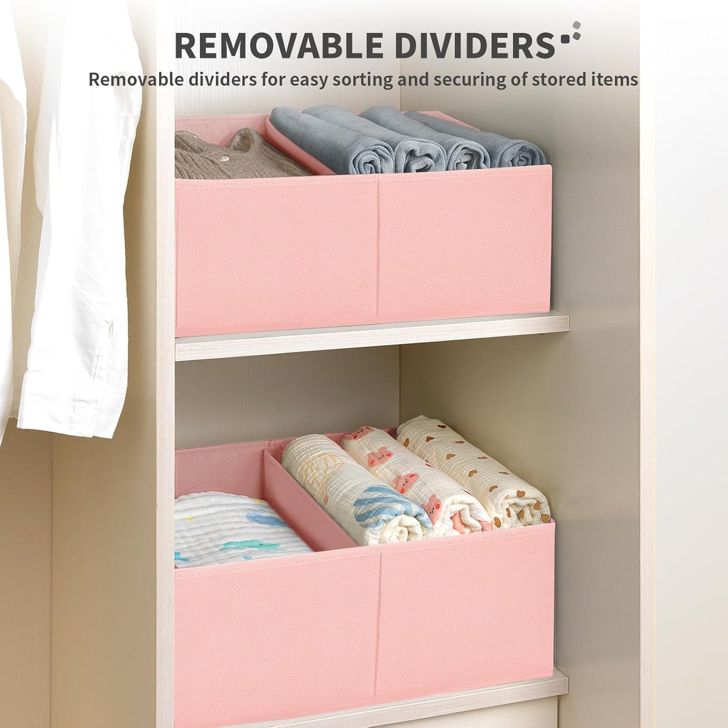 DIMJ Large Closet Shelf Organizer Bins 6 Packs with Handles and Divider, Fabric Trapezoid Storage Baskets, Foldable Clothes Containers Box for Shelf, Towel, Book, Toy, Purse, Hats, Pink