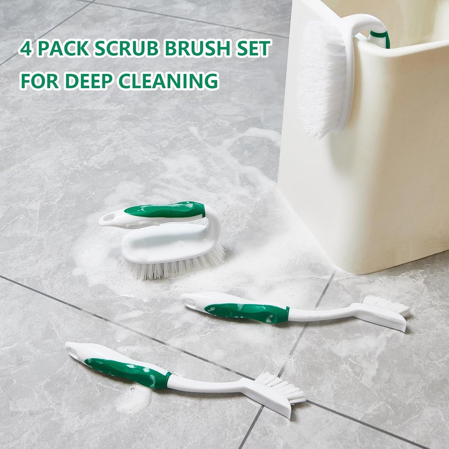 Scrub Brush Set, 4 Pack Deep Cleaning Brush Kit - 2 Scrub Brush, 2 Tile & Grout Brush with Built-in Scraper, Household Commercial Scrubber for Floor, Shower, Pool Wall, Tub (Green)