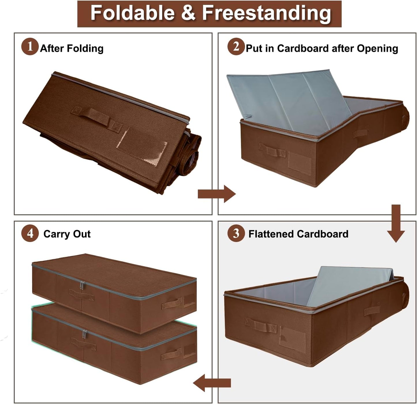 punemi Underbed Storage Box, Under Bed Clothes Storage With Sturdy Structure and Ultra Thick Fabric & zipper Lid, Use as Clothes Organizer, Pillow and Blanket Organizer, Brown, Large, 2 pack