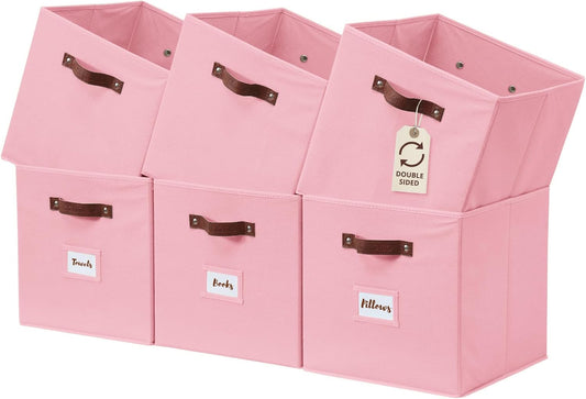 DECOMOMO Storage Bins, Cube Storage Bin with Labels, Fabric Storage Cubes for Shelves (10.5" x 11" / 6pcs, Pink)