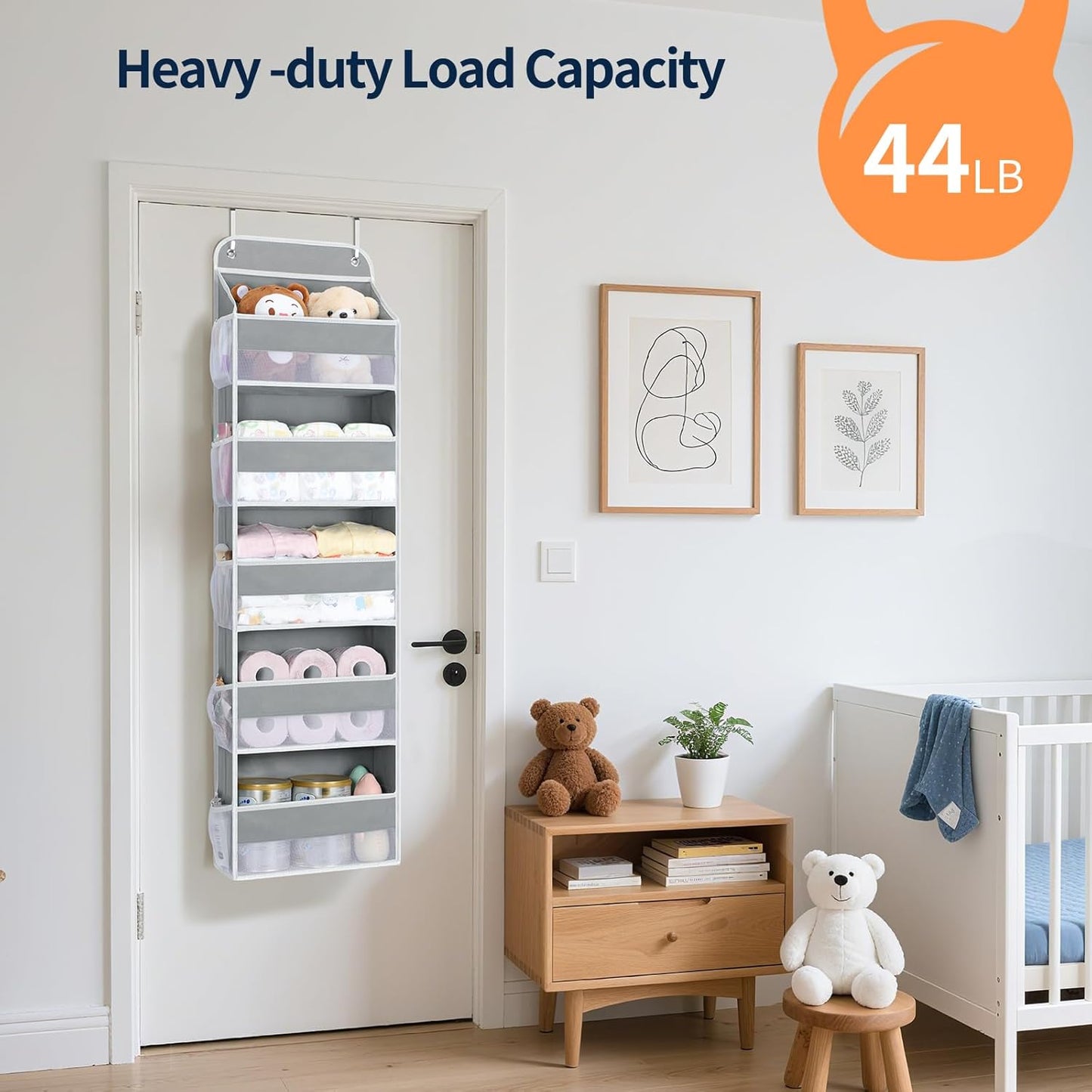 Yecaye Over The Door Organizer Storage, 5-Tier Heavy Duty Door Organizers Hanging with 10 Side Mesh Pockets, 44 lbs Load Capacity Behind Door Storage for Bathroom Nursery Bedroom Dorm Closet, Grey