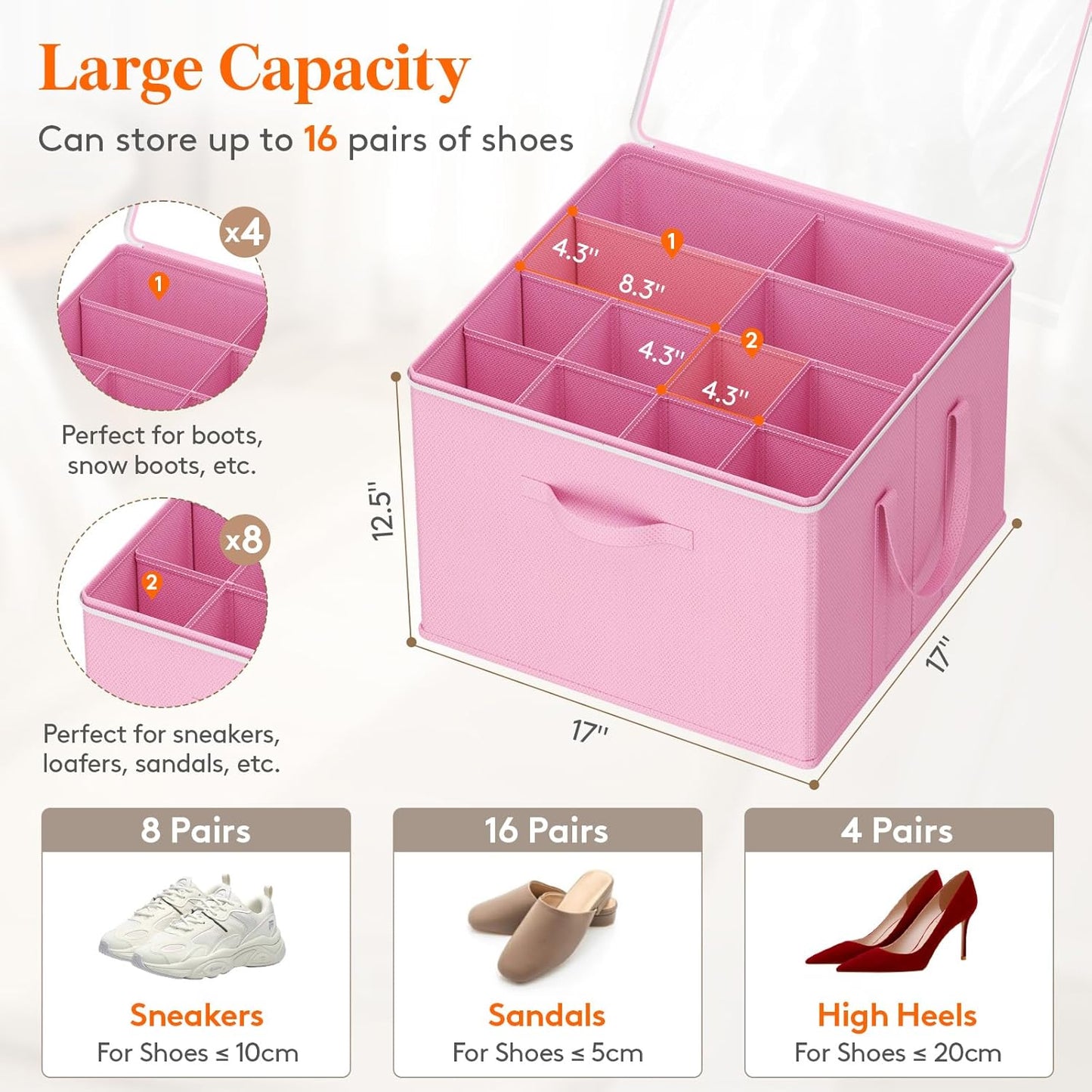 Lifewit Shoe Storage Organizer for Closet Fits 12-16 Pairs, Fabric Large Shoe Box Storage Containers with Clear Cover, Foldable Bins Fit for Boots Heels Sneakers 17"(L) x 17"(W) x 12.5"(H) 3 Pack Pink