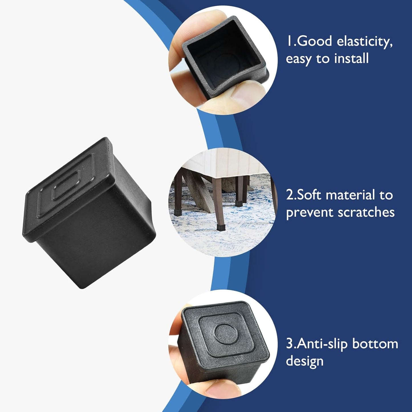 16 Pcs 1" x 1" Square Rubber Chair Leg Caps, PVC Table Leg Covers, Flexible & Anti-Slip Furniture Leg End Caps, Chair Leg Floor Protectors for Bar Stool Leg Patio Indoor, Black