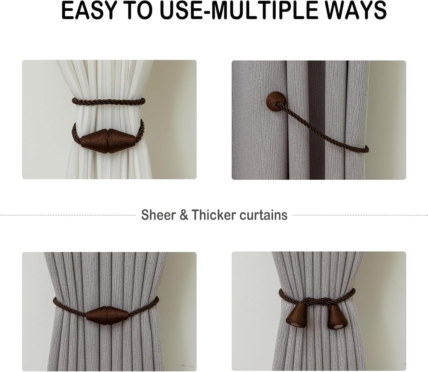 Magnetic Curtain Tiebacks 2 Pack Outdoor Rope Curtain Tie Backs Decorative Window Treatment Holdbacks for Home Decorative Curtain, Coffee
