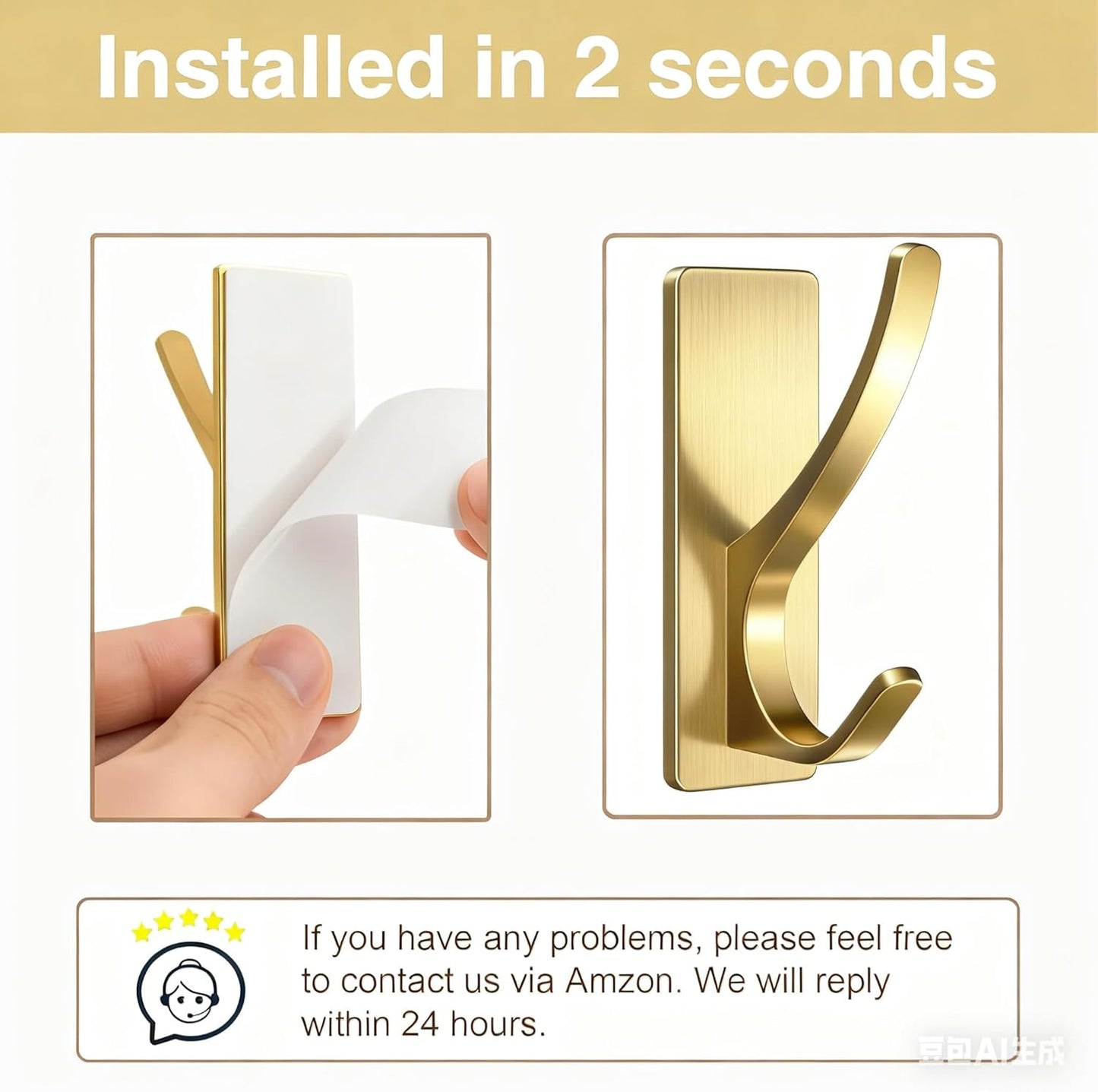 10 Pack Self Adhesive Coat Hooks for Hanging, Heavy Duty Stainless Double Wall Hook for Towel, Backpack, Hat, Sturdy Metal Hanger for Bathroom, Bedroom, Door, Wall Mounted, Brushed Gold