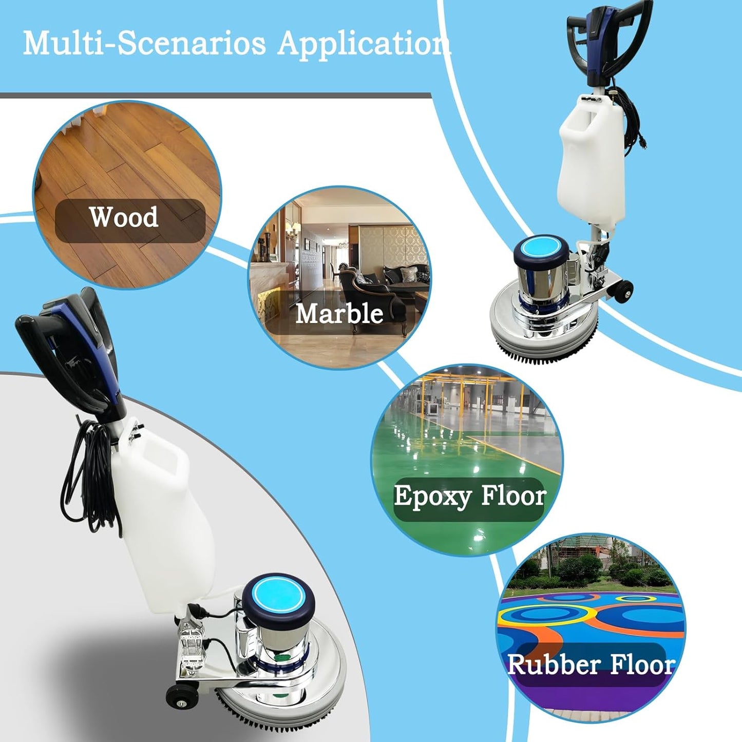 18" Commercial Floor Scrubber & Polisher Heavy Duty Multi-Surface Buffer Cleaner for Wood, Tile, Epoxy, Carpet - 175 RPM, 12L Tank, Low Noise, Industrial & Home Use 110V