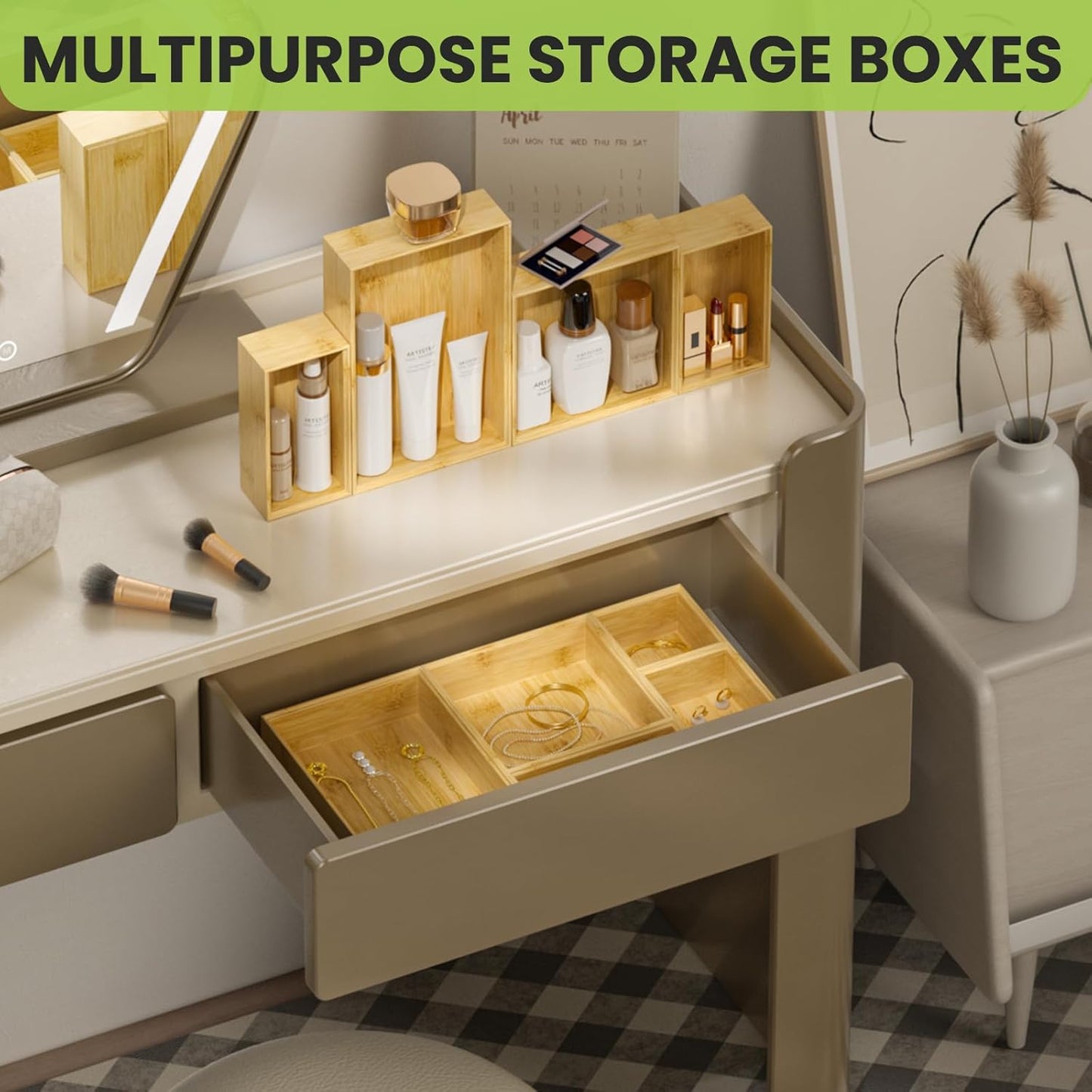 Bamboo Drawer Organizer Set, 5 PCS Multi-use Varied Sizes Junk Drawer Organizer Kitchen Storage Box for Office, Home, Bedroom, Bathroom, Bamboo