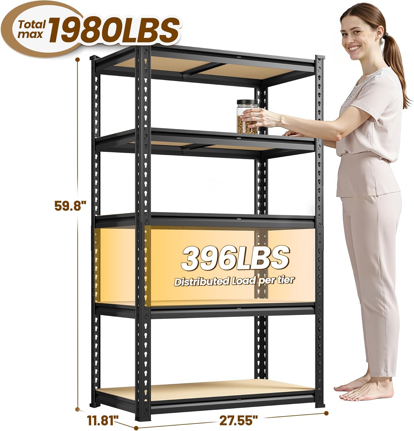 1980LBS Storage Shelves, 5-Tier Adjustable Pantry Shelves, Metal Shelving Unit for Kitchen, Pantry, Closet, Laundry, Garage, 59.8" H x 27.55" W x 11.81" D