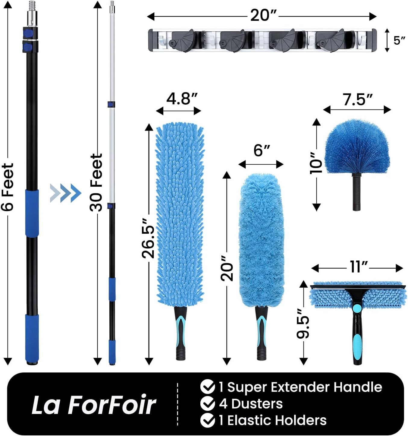 36ft High Ceiling Duster Kits with 5-30ft Heavy Duty Extension Pole - Fan Blade Cleaner, Cobweb Remover & Blue Window Squeegee Kit, Washable Dust Brush for High Roof and Glass Surfaces