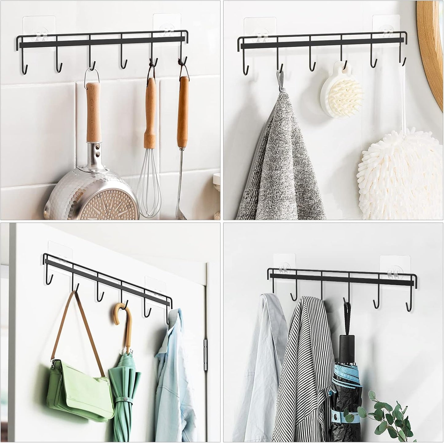 Myfolrena Adhesive Kitchen Hooks Utensil Hanger Holder Hanging Rack 2 Pack, Hanging Rack Wall Mounted Kitchen Rail for Spoons Pot Coffee Mug Cups Tags(Black)