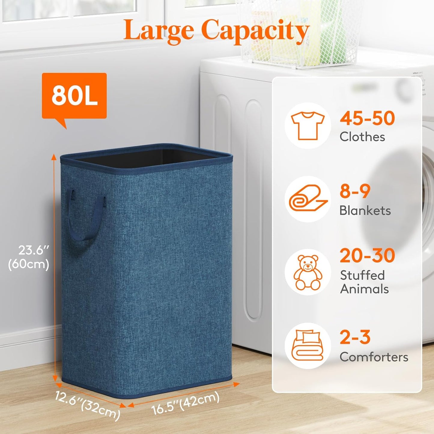 Lifewit 80L Large Tall Laundry Hamper, Collapsible Laundry Basket with Handles, Foldable Clothes Hampers for Laundry, Portable Dirty Clothes Hamper for Dorm College Bedroom Bathroom, Dark Blue