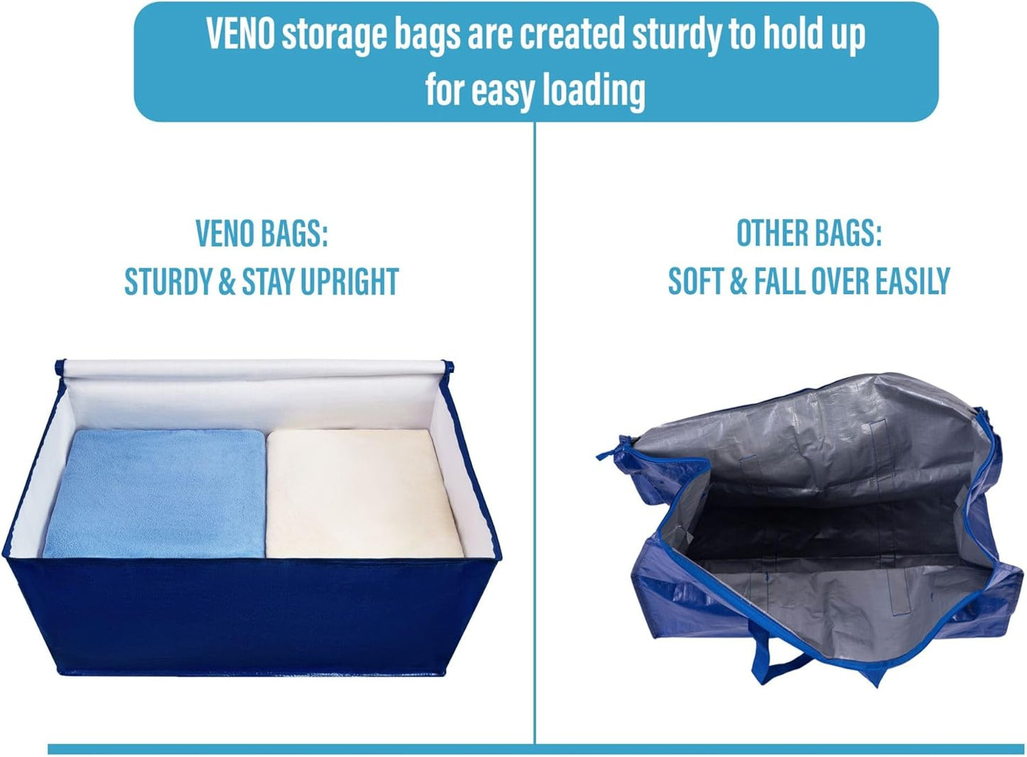 VENO 8 Pack Moving and Storage Bags, Heavy Duty, Alternative to Moving Boxes, Large Packing Totes Supplies for College Dorm Room with Zipper for Clothes, Wide Open Design (Blue, 8 Pack)