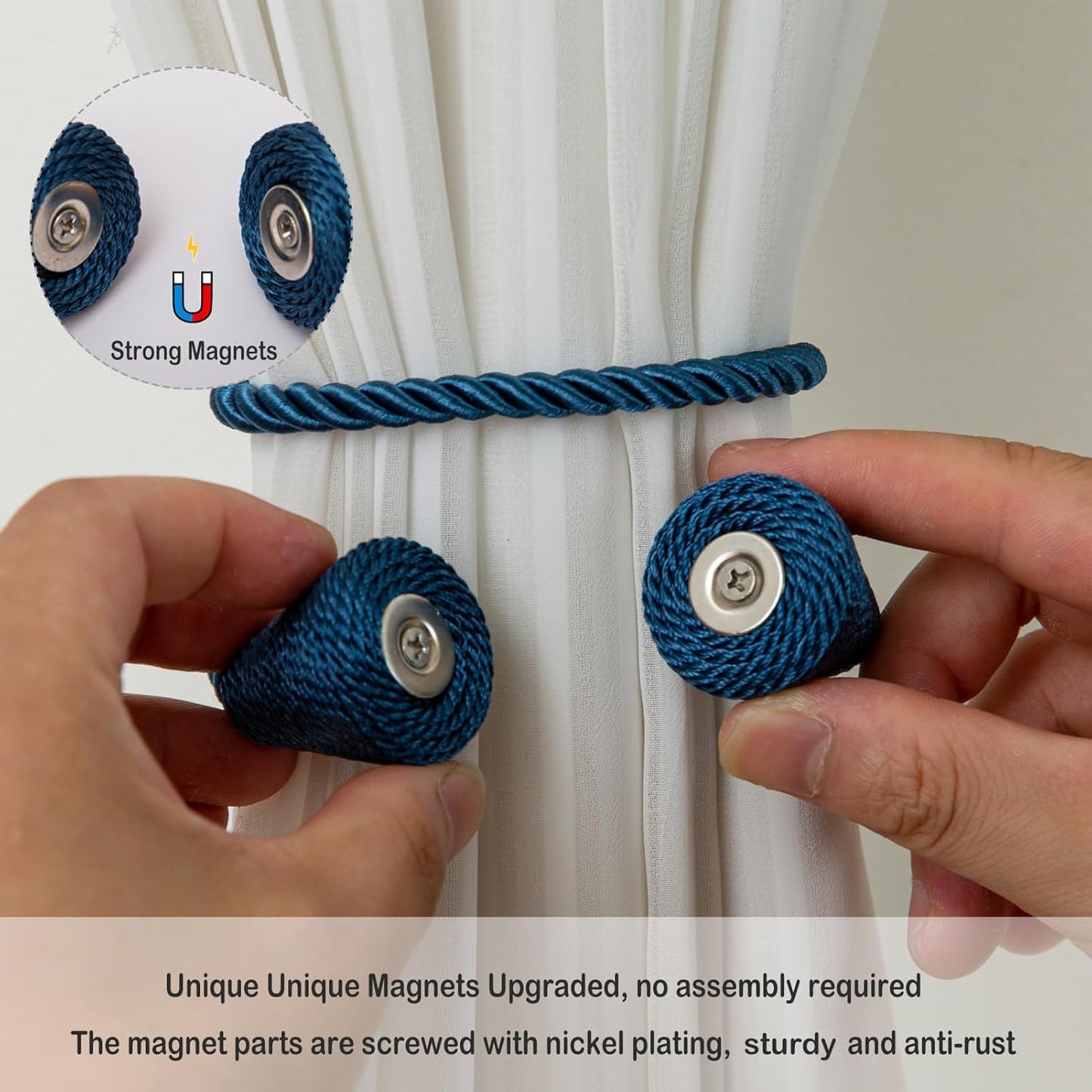Magnetic Curtain Tiebacks 2 Pack Outdoor Rope Curtain Tie Backs Decorative Window Treatment Holdbacks for Home Decorative Curtain, Blue