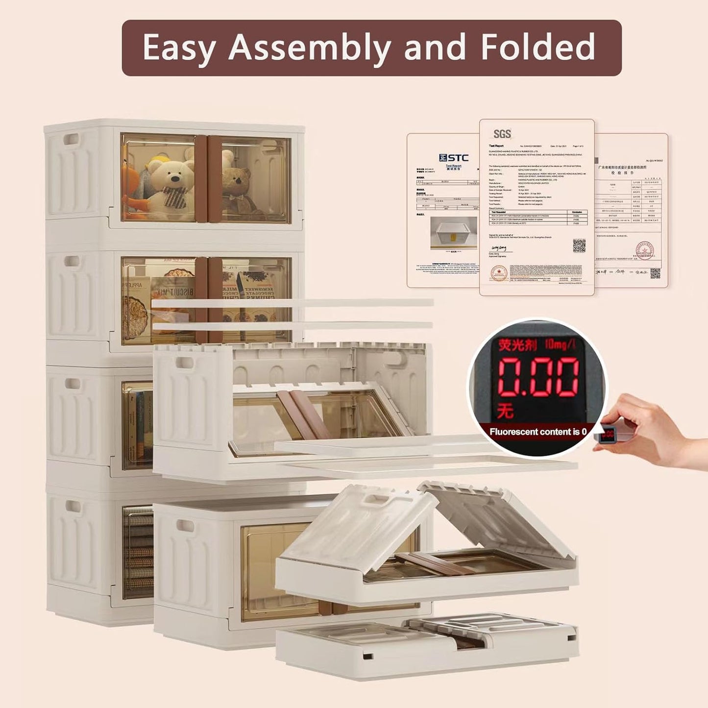 19Gal Collapsible Storage Bins with Lids & Wheels - 4 Pack Stackable with Doors, Heavy-Duty Plastic Cabinet for Home/Office, Milk White