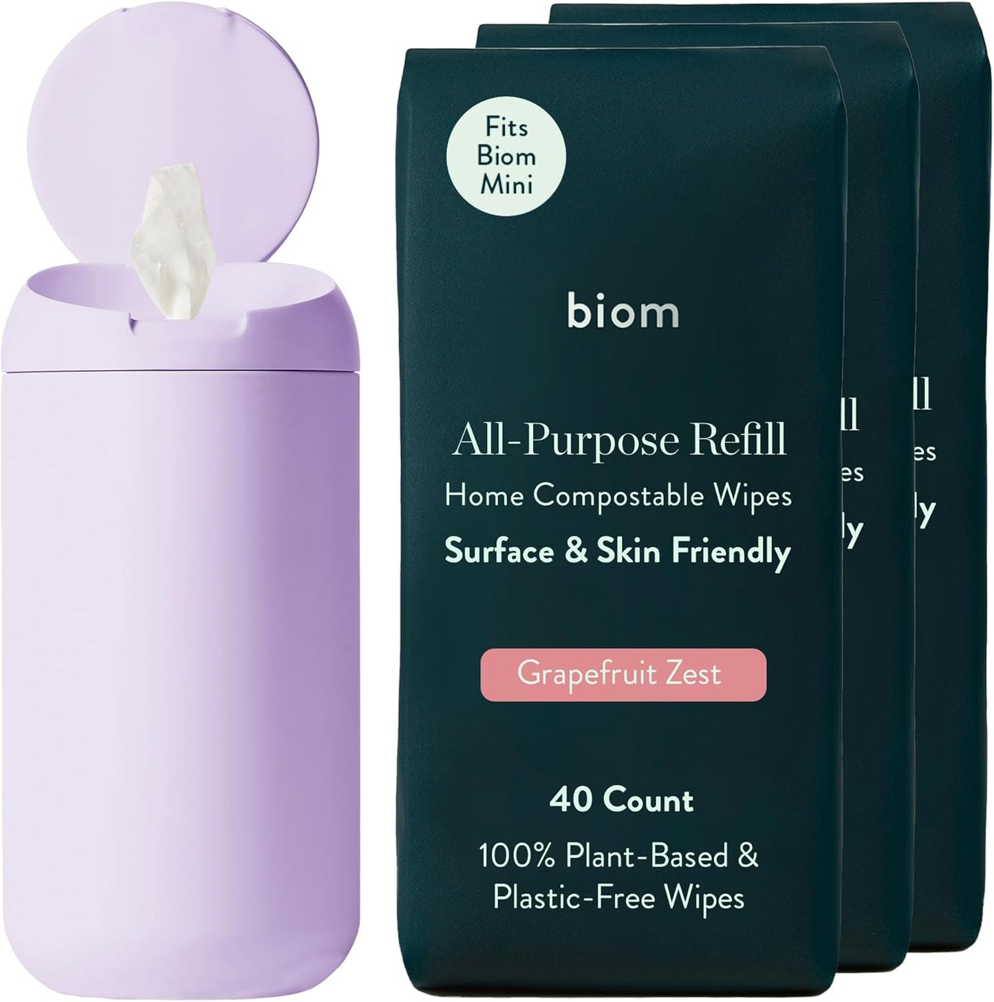 Biom Mini Dispenser + All-Purpose Wipes Starter Kit - Grapefruit Scented Cleaning Wipes | Fits in Car Cup Holder | Biodegradable Plant-Based Cleaner | Kid & Pet Friendly, Natural, Non-Toxic (Lilac)