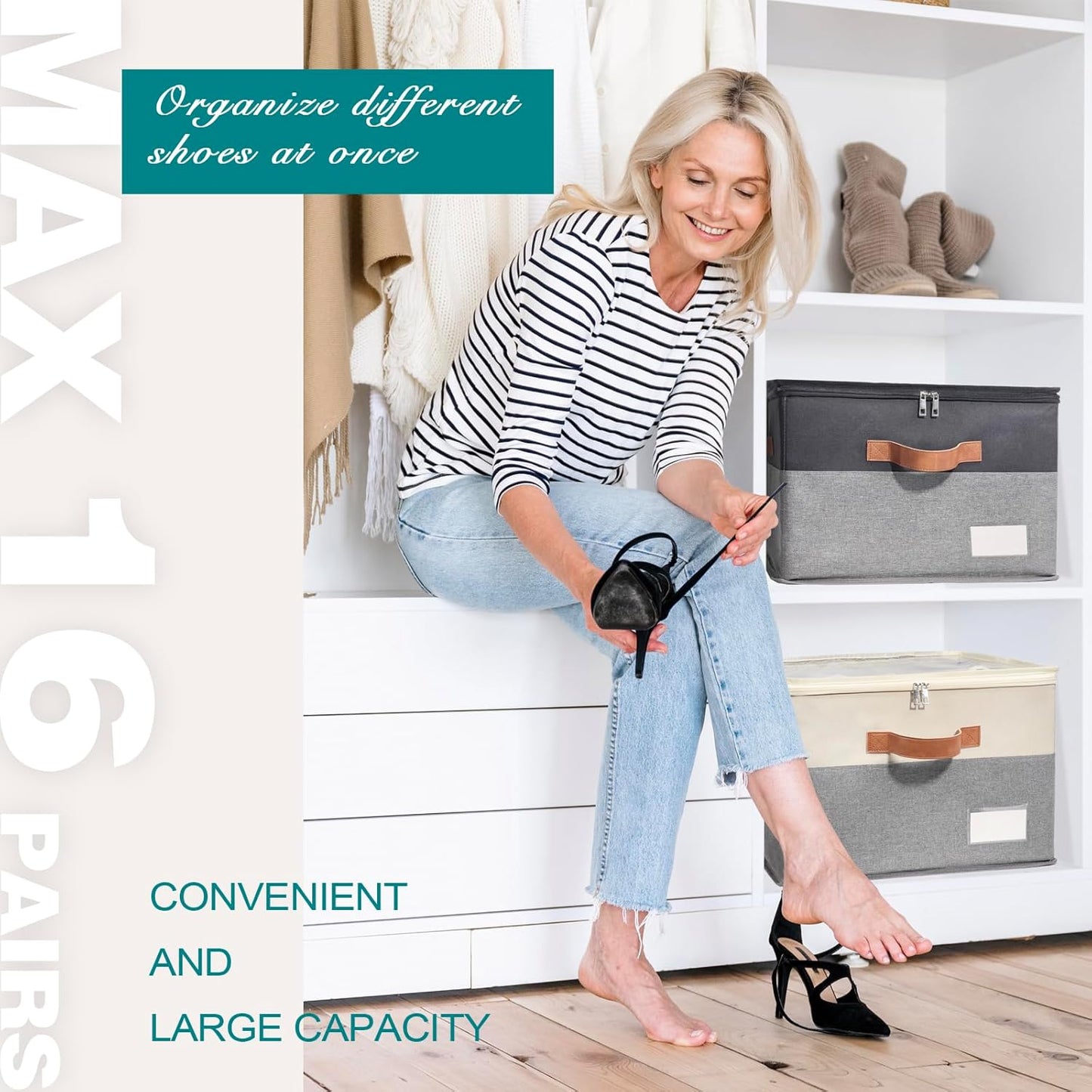 Shoe Organizer for Closet, Foldable Shoe Storage Bins with Clear Cover, Space Saving Shoes Holder with 4 Handles, Large Adjustable Shoe Box Storage Containers, Fits 8-16 Pairs, 2 Pack, Black