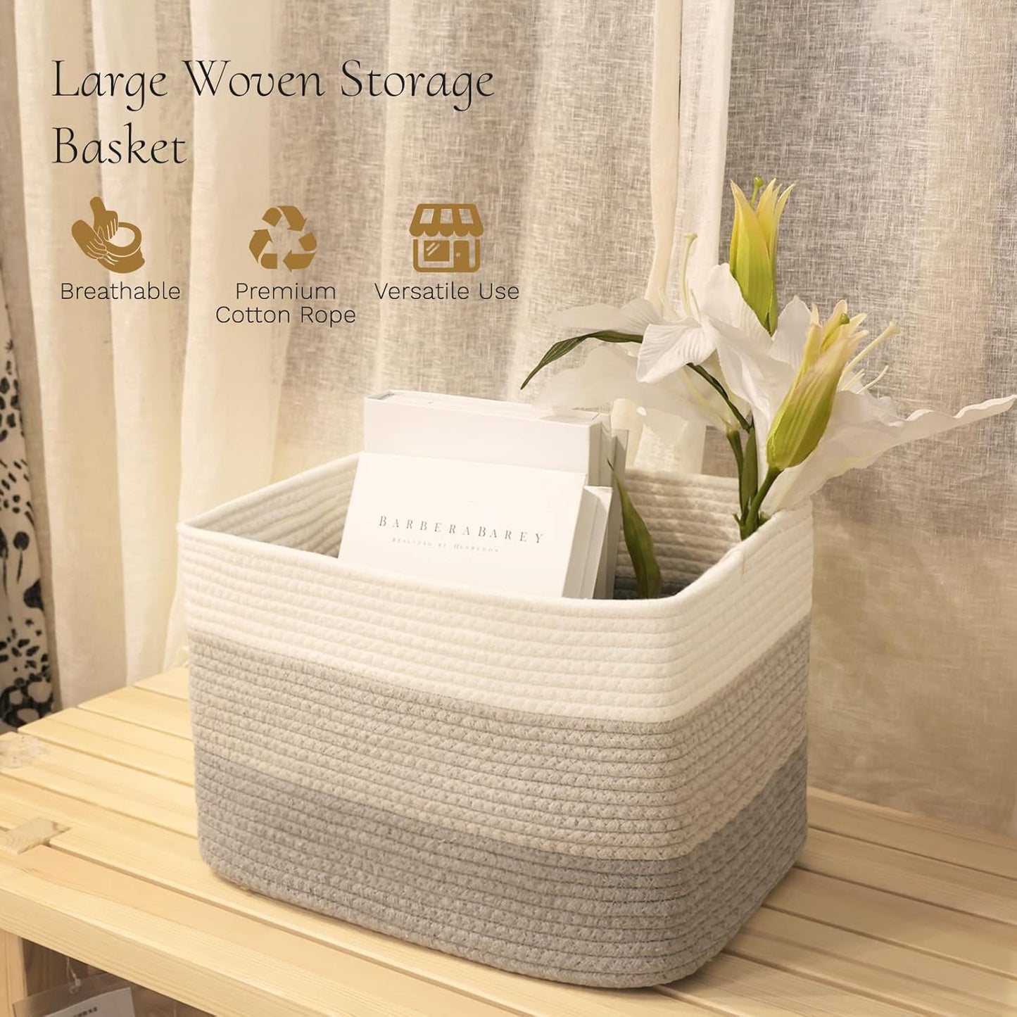 Hopegiver Woven Storage Baskets 15x11x10 Inch, 1 Pack Collapsible Cube Storage Bin for Shelves - Foldable Cotton Rope Organizer Bins for Towels, Toys, Books, Closet, Nursery (White Light-Gray Gray)