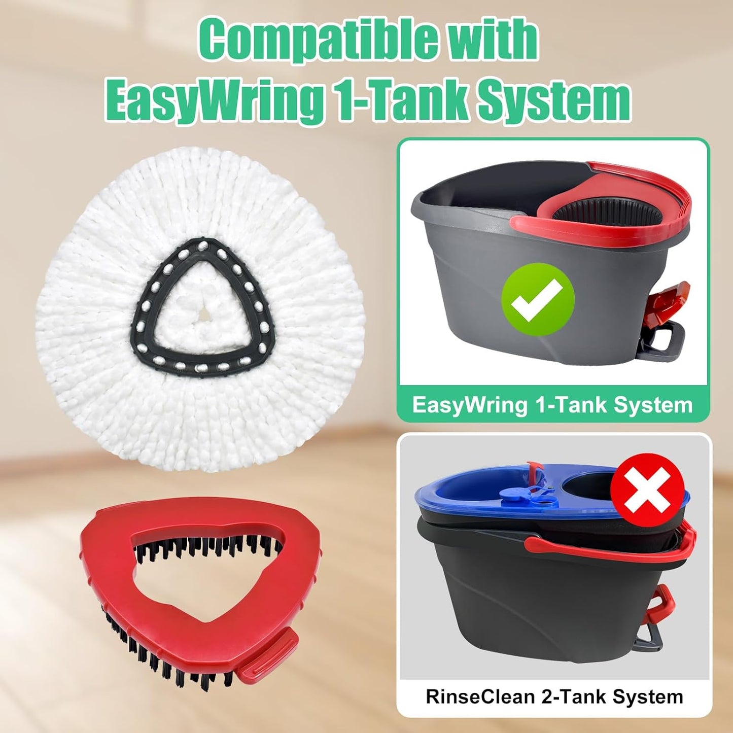 Spin Mop Heads Replacements for O Ceda EasyWring 1-Tank System, 2 Microfiber Mop Head Refills, 4-Section Iron Handle, 1 Base and 1 Scrub Brush Combo Set for Floor Cleaning