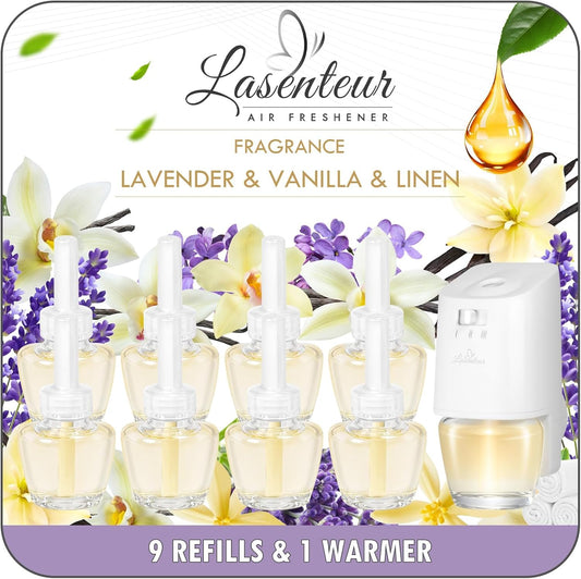 Plug-in Air Freshener Starter Kit, 1 Warmer and 9 Essential Oil Refills, Lavender, Vanilla, Linen Scent for Home, Bathroom and Office, Compatible with Air Wick and Glade Air Fresheners
