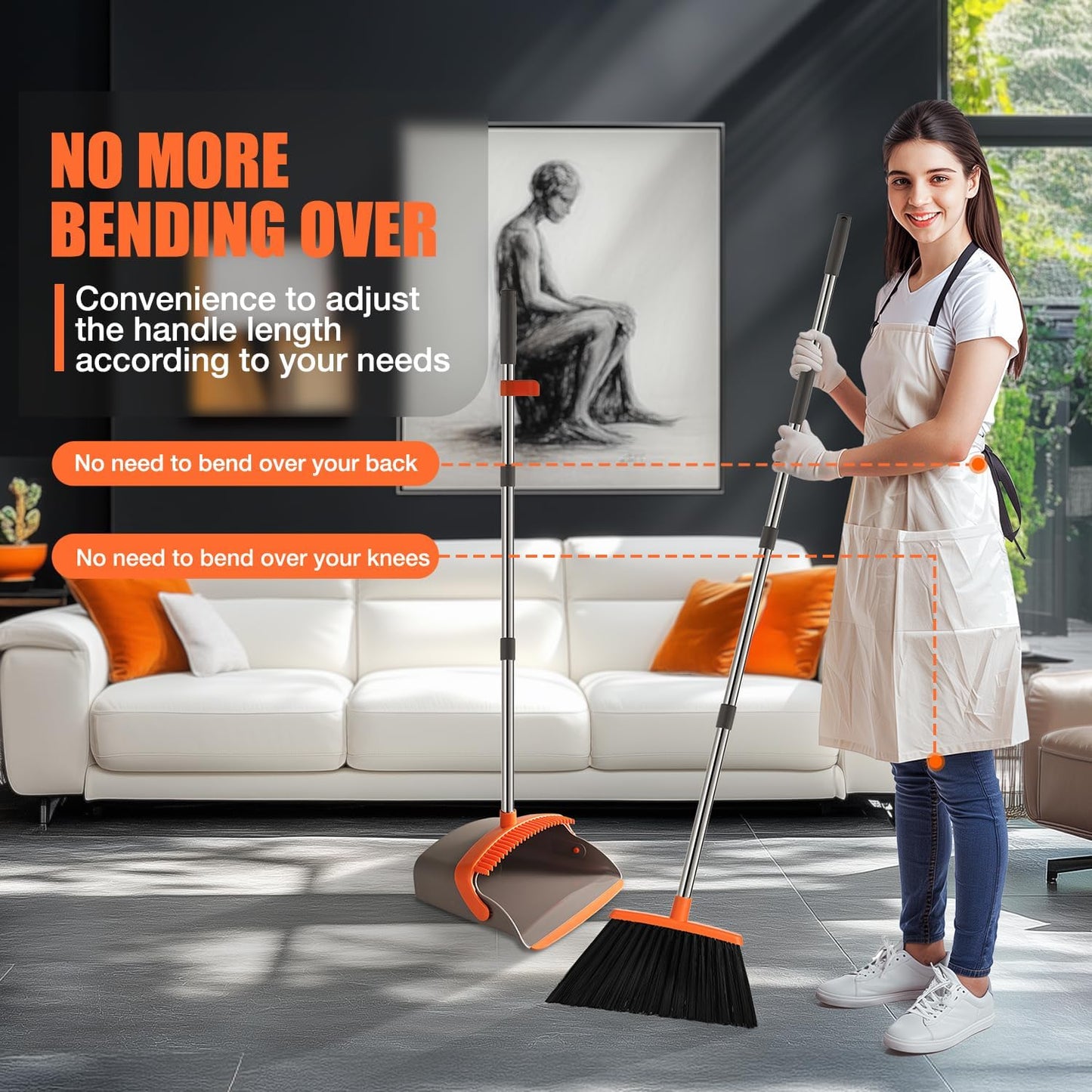 Broom and Dustpan Set, Upgraded Broom with Dustpan Combo Set with 56" Tall Adjustable Handle, Self-Cleaning Teeth, Upright Standing Dust Pan for Heavy Duty Indoor Outdoor Cleaning and Pet Hair