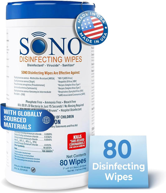 SONO Disinfecting Wipes - Alcohol-Free, No Bleach, Medical-Grade I Multi-Surface Cleaning for Home, School, Office, Hospital, Gym I Gentle on Electronic Devices I Everyday Use I 80 CT