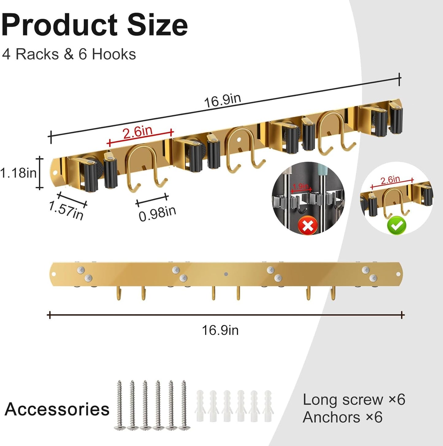 Mop Broom Holder Wall Mount, 2 Packs Gold Stainless Steel Tool Storage Organizer for Kitchen Garden Garage Laundry Room Bathroom and RV with 4 Slots 6 Hooks